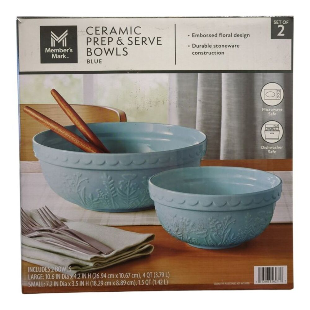 Member's Mark 2-Piece Floral Ceramic Prep and Serve Bowls - Blue